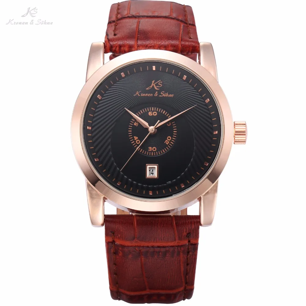 Brand Royal KS Rose Gold Case Automatic Black Dial Men Business Mechanical Watch Date Brown Leather Band Gift Wristwatch / KS329 Brand Royal KS Rose Gold Case Automatic Black Dial Men Business Mechanical Watch Date Brown Leather Band Gift Wristwatch / KS329