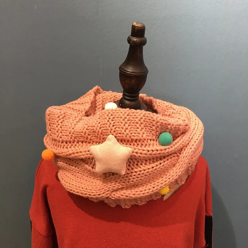 Осенне-зимний теплый шарф из шерсти в Корейском стиле для девочек и мальчиков мягкий детский шарф с кольцом и звездами вязаный шарф