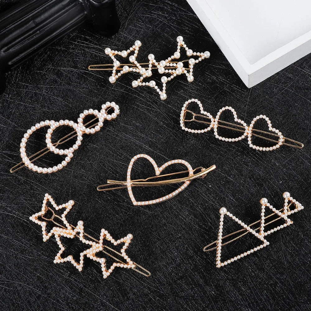 

2019 New Arrival Hair Accessories Hollow Heart Star Hairgrips Imitation Simulated Pearl Geometric Triangle Hairpins Clips