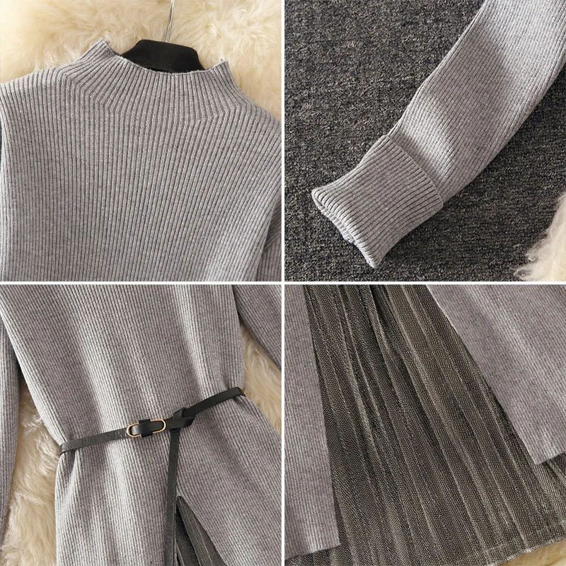 Mooirue 2PC Irregular Long Sweater Split Dress + Pleated Skirt Women Autumn Winter Elegant Suits Waist Belt Included