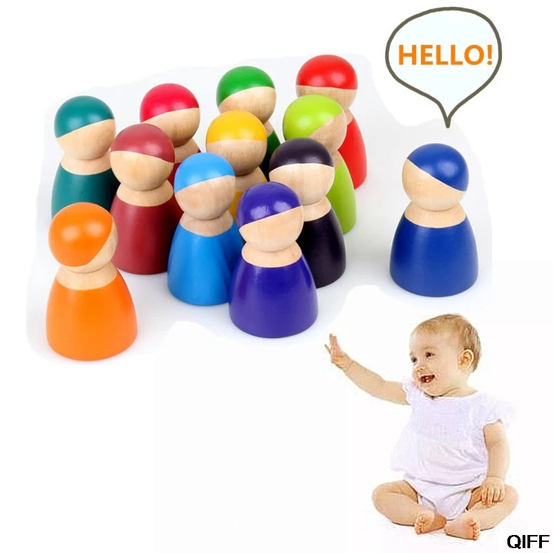 

Montessori Set Of 12 Rainbow Friends Peg Dolls Wooden Pretend Play People Figures Baby Toy