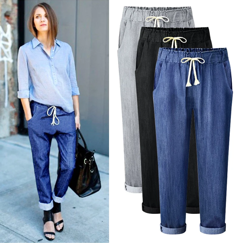 Black Jeans female ankle length trousers elastic waist harem pencil
