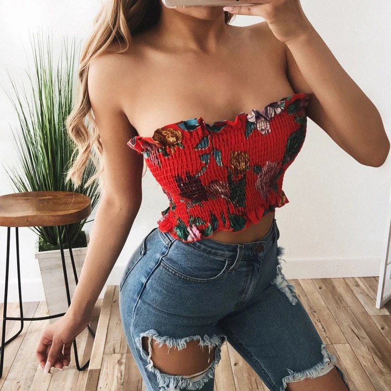 New Women Floral Print Seamless Bandeau Crop Tube Top Strapless Wrap Bustier Bra