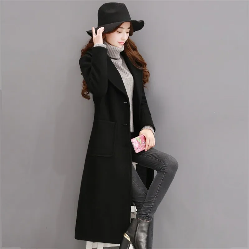 

2018 Female Elegant Autumn Winter Wool Coat Single-Breasted Maxi Woolen Coats Women Over Knee Long Parka Jacket
