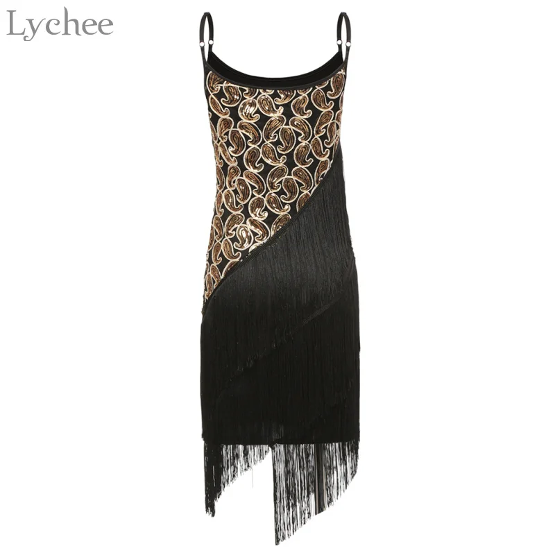 

Lychee Elegant Vintage Summer Women Dress 1920S Paisley Sequin Tassel Glam Party Gatsby Dress Mini Dress