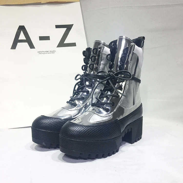 

2018 Hot Autumn Winter Shoes Woman Platform Lace Up Square Heels Leather Boots Designer Woman Silver Tide Superstar Knight Boots