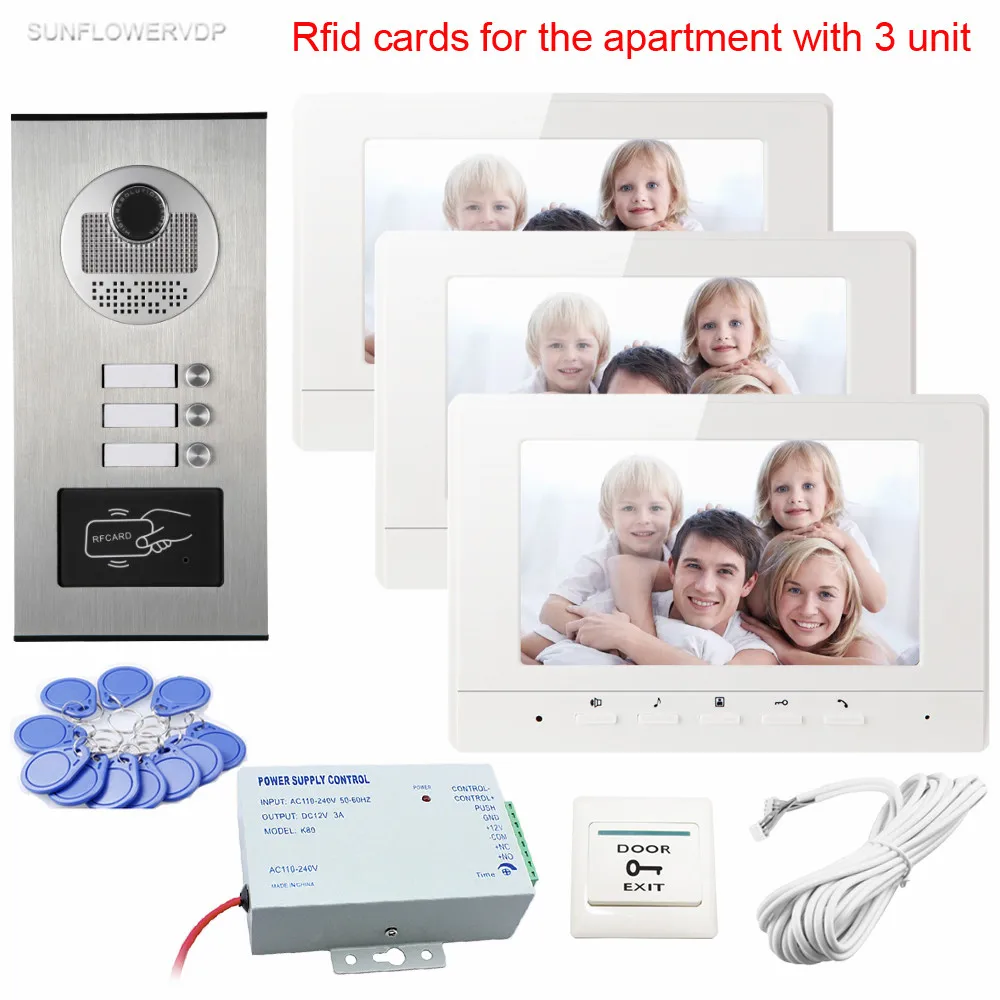 Wired Intercom For Private House Video Intercoms 7inch Color 3 Monitors And Intercom Door Rfid Camera 3 Buttons For 3 Apartments