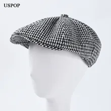 USPOP новые зимние шапки женские береты мужские газетные кепки классические клетчатые кепки с козырьком