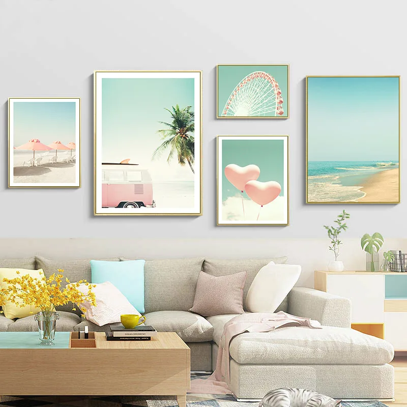 

Pink Bus Sky Sea Beach Coconut Ferris wheel Nordic Posters And Prints Canvas Art Painting Wall Pictures For Living Room Decor