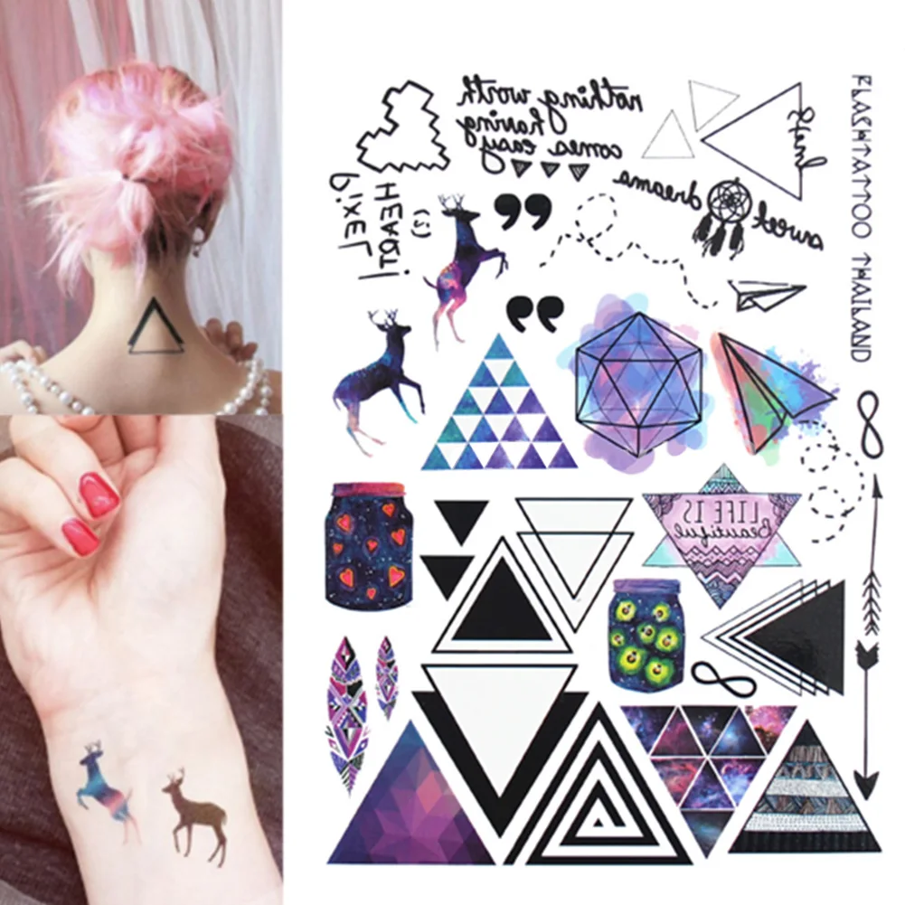 1 лист, новинка, боди-арт, временная татуировка, наклейка s, цветной олень, треугольник, Геометрическая стрела, блестящая татуировка, наклейка