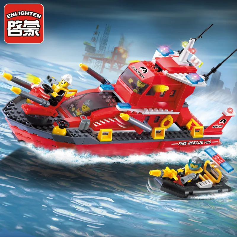 

906 City Fire Boat Rescue Ships Station 3D Model Building Blocks Kit Children Fireboats Starter Toys Compatible with Legoe