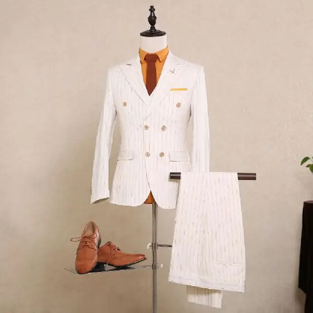 Buy 2018 Double Breasted Wedding Suit White Pinstripe