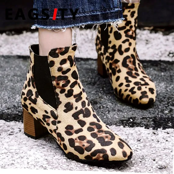 

EAGSITY Leopard print brown Women Chelsea boots block heel elastic band slip on pointed toe ladies fashion ankle boots