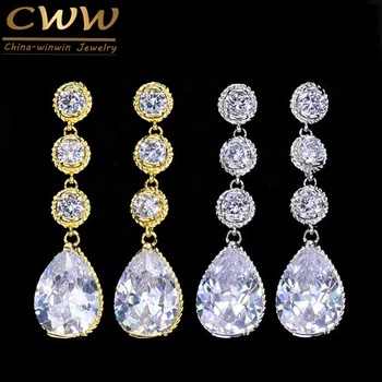 

CWWZircons Yellow Gold and Silver Plated Cubic Zirconia Women Long Big Water Drop Earrings for Wedding Bridesmaids Jewelry CZ242