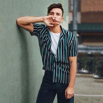 

2019 Men Vintage Striped Shirts Summer Holiday Beach Button Short Sleeve Blouse Top Shirts