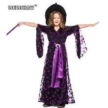 

Leezeshaw Child Girl Purple Stars Moon Magic Witch Costume Purple Mesh Dress+Black Dress+Hat+Belt Halloween Witch Girl Uniforms