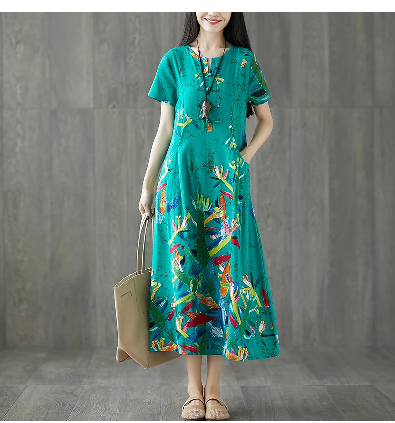 Uego хлопковое льняное свободное летнее платье с модным цветочным принтом в китайском стиле, Новое поступление, женское Повседневное платье миди