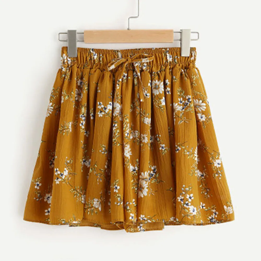 

Womens Floral Print Mid Waist Elastic Loose Shorts Waist Ringer Shorts