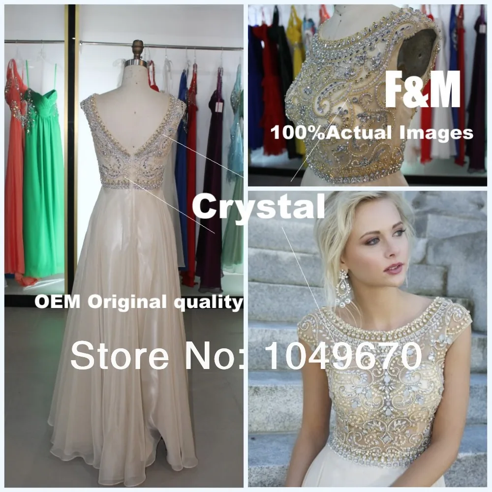 Новая Мода 2016 Шампанское Пром Платья Короткие Рукава Кристалл Шифон Длина Пола