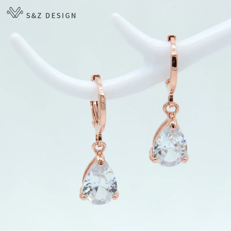 S&Z New 8 Color Zircon 585 Rose Gold Color Water Drop Earrings Korean For Women Fashion Jewelry - Окраска металла: White