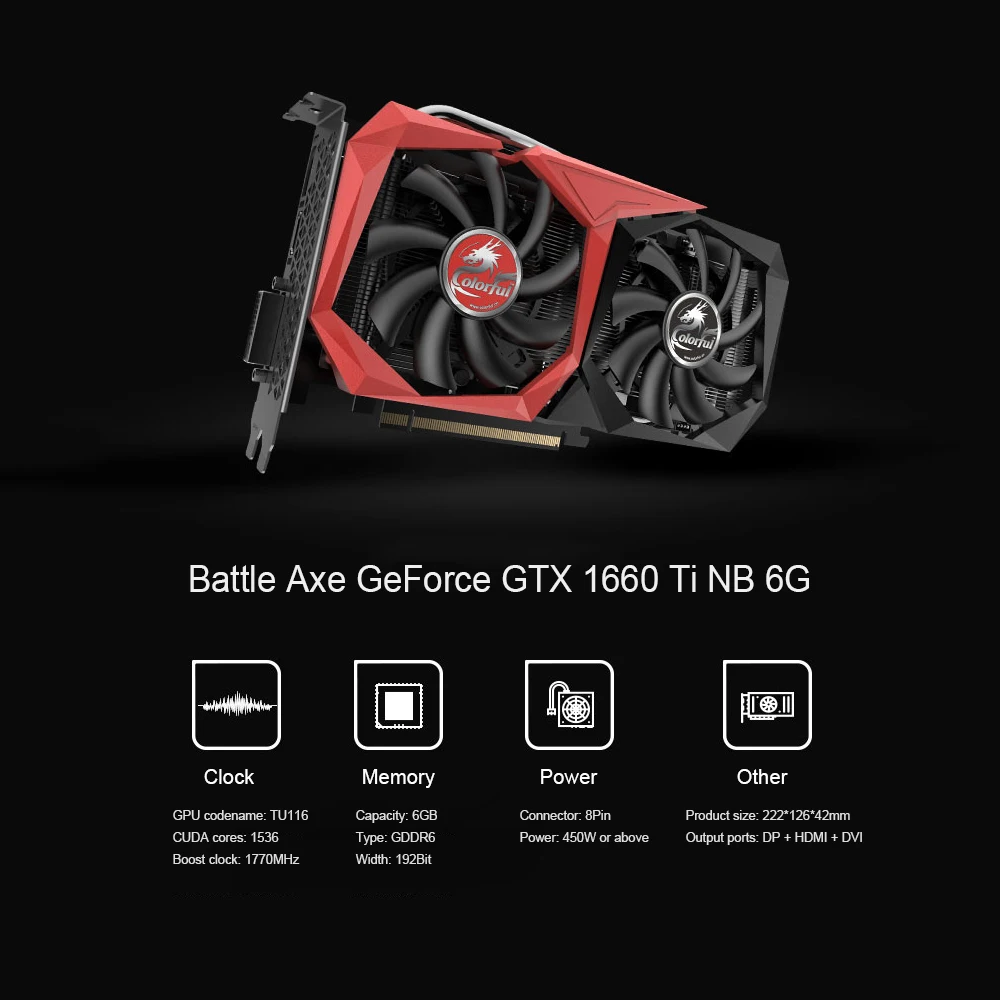 Красочные видеокарты Battleaxe GeForce GTX 1660 Ti NB 6G GPU GDDR6 8Pin TU116 Nvidia Видеокарта 1770 МГц HDMI PCI-E порт для ПК