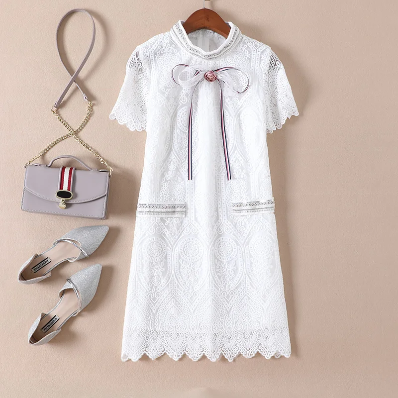 

Luxury Quality Design 2019 Summer Short Sleeves Bow A Line Lace A Line Dress Female Party Dresses Birthday Gift NEW1