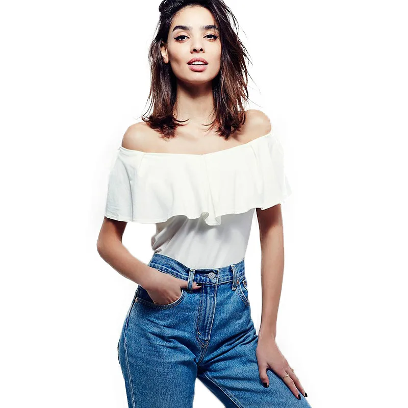 Slash Neck Ruffle Red Female Blouse Shirt Off Shoulder Navy Women Shirt