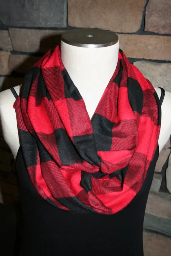 

Red Plaid Infinity Scarf Cashmere Red and Black Plaid Scarf Red and Black Lumberjack Check Mens Scarf Winter Womens Accessories