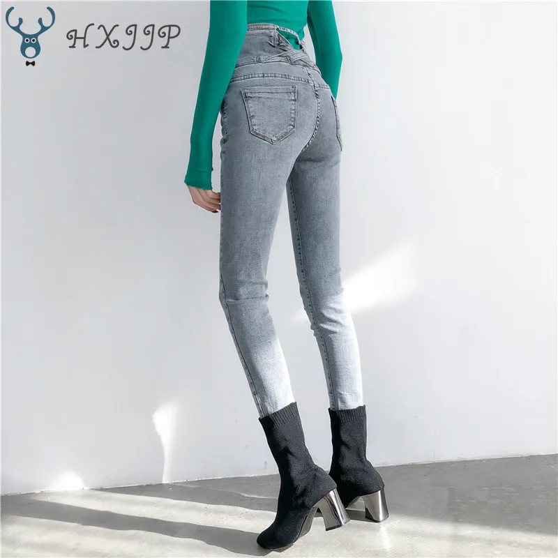 

HXJJP High Waist Six Colors Spring Jeans High Waistline Buckle Elastic Cowboy Trouser Girl Skinny Ankle-Length Pencil Pants