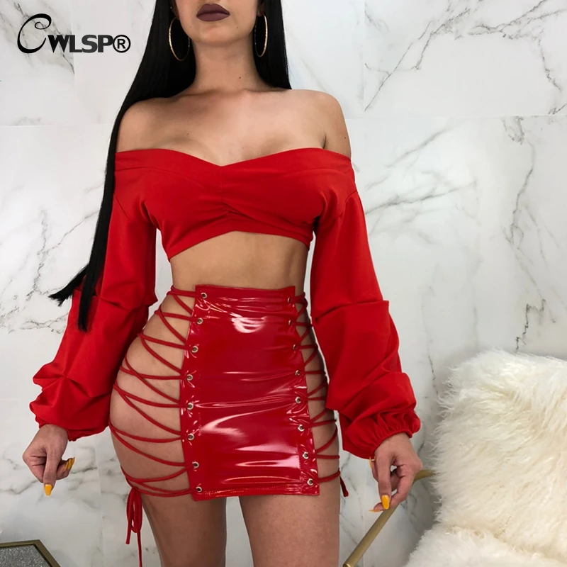 

CWLSP Black Red Blue Sheath Lace Up PU Leather Skirt For Women 2018 New Pencil Mini Hollow Out Sexy Skirt Falda Mujer QZ2612