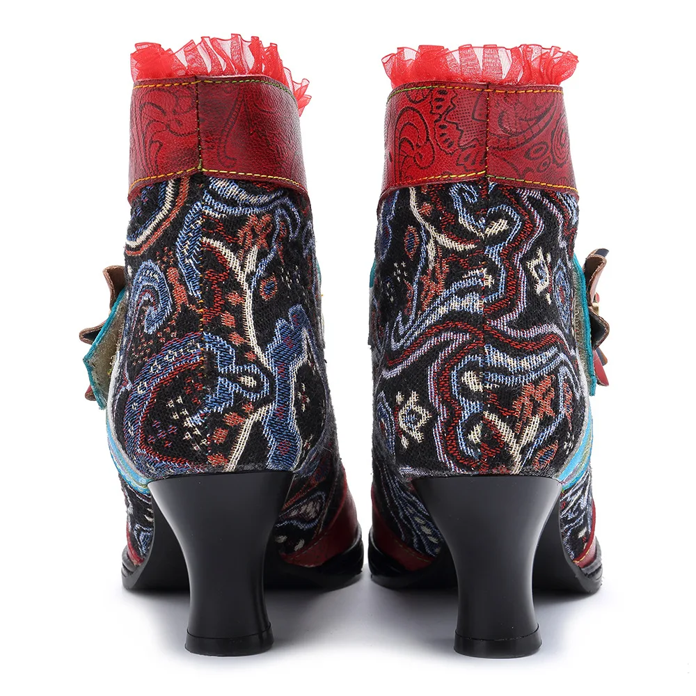 Genuine Leather Splicing Retro Ankle Boots For Women Shoes Woman Patchwork Lace D Knight Boots Block Heels Embroidy Botas Shoes (1)