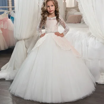 

Holy First Communion Dresses White Tulle Ball Gown Crystal Sash Long Sleeve Girl Pageant Dress Baby Christening Dress 2-14 Year