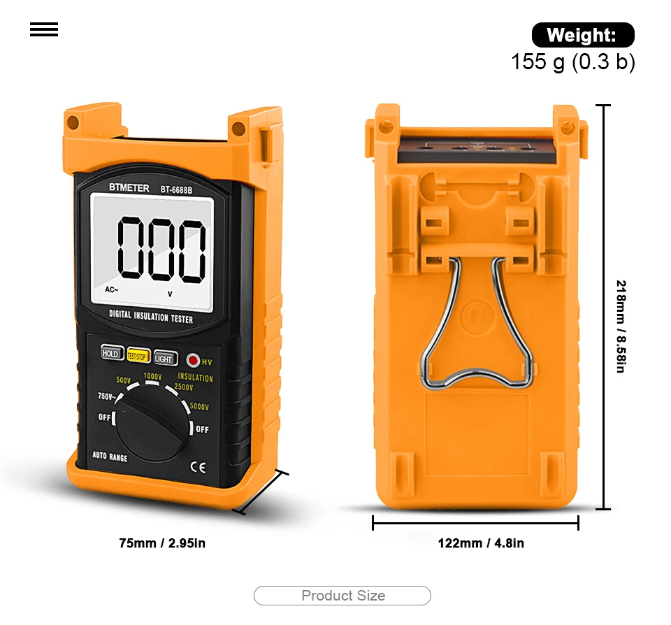 BTMETER BT-6688B Цифровой тест сопротивления изоляции er, тестовое напряжение 5000 в, сопротивление изоляции 200 г Ом, Высоковольтная индикация