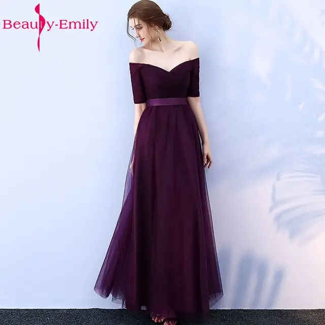 Beauty-Emily Long Purple Red Gray Cheap Bridesmaid Dresses 2018 A-Line Off the Shoulder Half Sleeve Vestido da dama de honra 1