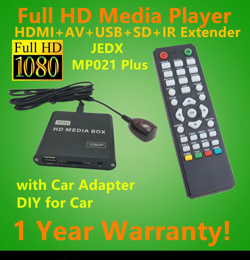 

JEDX Full HD 1080P Car Media Player with IR Extender AVI DivX MKV DVD MP3 Player HDMI,AV output,SD/MMC/USB Host,Free Car adapter