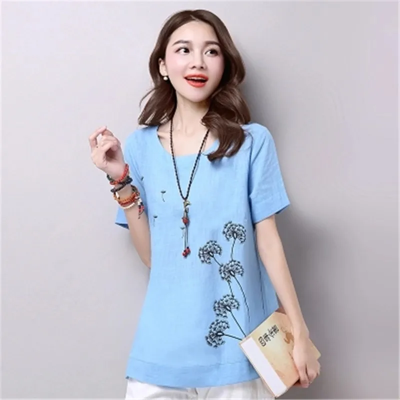 

Cotton Linen Women Blouses 2017 Summer Short Sleeve Blouse Shirt Big Size O-neck Embroidery Printing Tops Lady Clothes 2XL Y3322