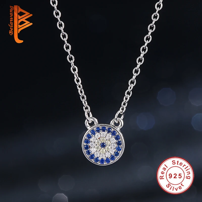 925 Sterling Silver Sapphire Created CUBIC ZIRCONIA Crystal CLOCK EYE Pendant Necklace for Women Long Chain