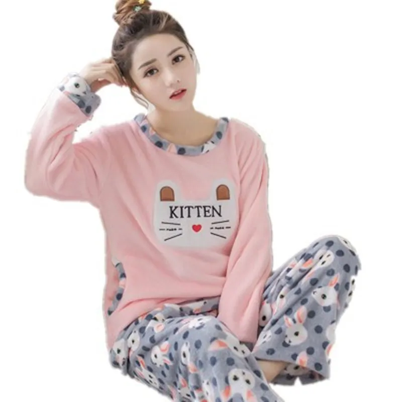 Cute Cat Flannel Warm Sexy Pajamas Set Polyester Full Trousers Lady Two
