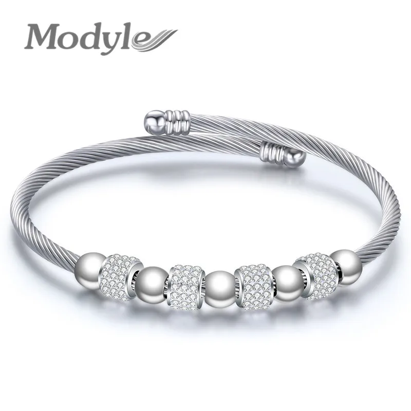 Modyle New Fashion Silver Color Stainless Steel Jewelry Brand White CZ Stone Heart Bracelets bangles for Women Bijoux