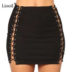 Liooil 2019 Летние черные открытые джинсовые мини-юбки Для женщин s Костюмы сексуальный клубный бодикон на шнуровке вечерние Для женщин