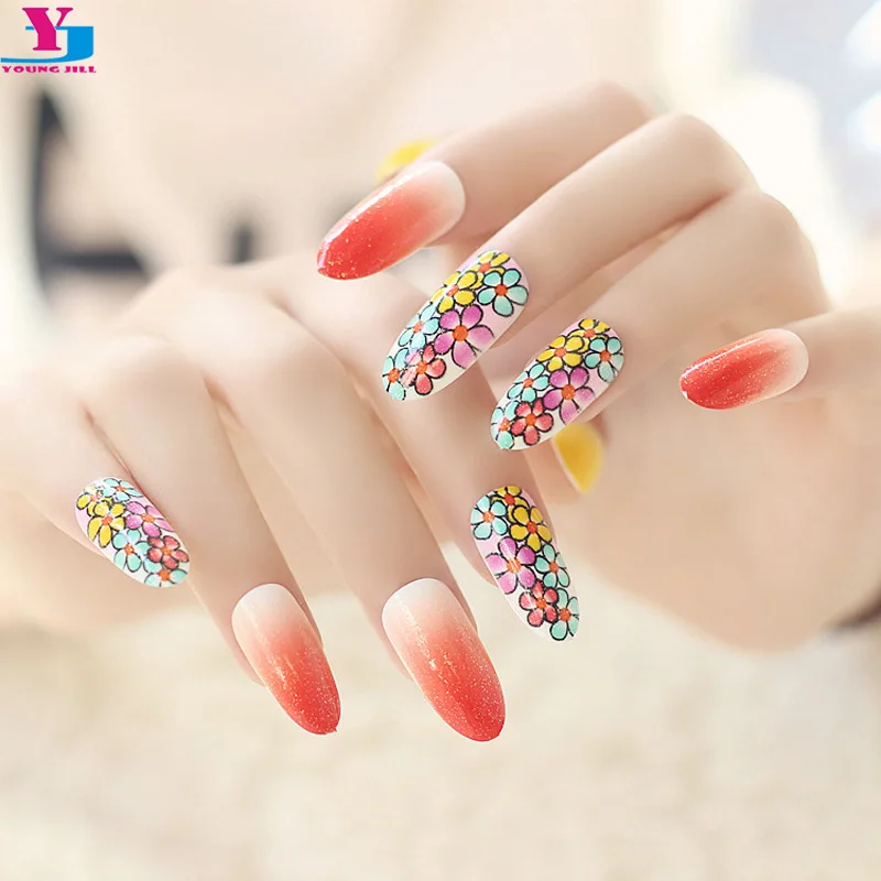 

24pcs/set Gradient Red Glitter False Nails Long Flower Fake Nails Tip Unha Postica Autocolante Luxury Party Nail Art Decorations