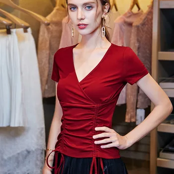 

Waist tight t-shirt female v-neck short-sleeved t-shirt sexy dew clavicle double drawstring female design sense minority shirt