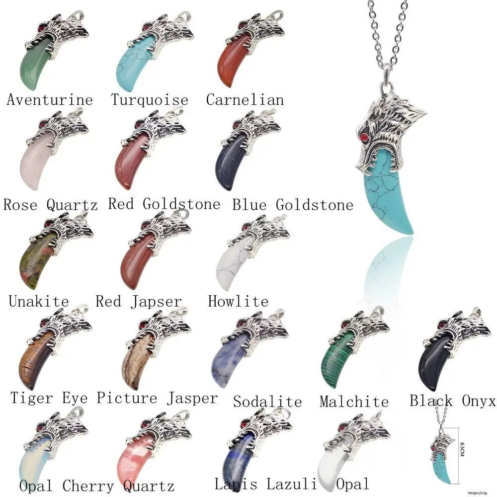 

2018 Silver Alloy Wolf Head Natural Stone Crystal Quartz Crescent Tooth Pendant Necklace Men's Jewelry