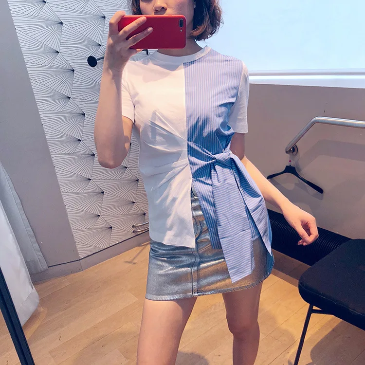 

2019 The New Product Spliced Striped Trim Round Collar T-shirt Short-sleeved Women's Shirt Striped Women Clothing Shirt