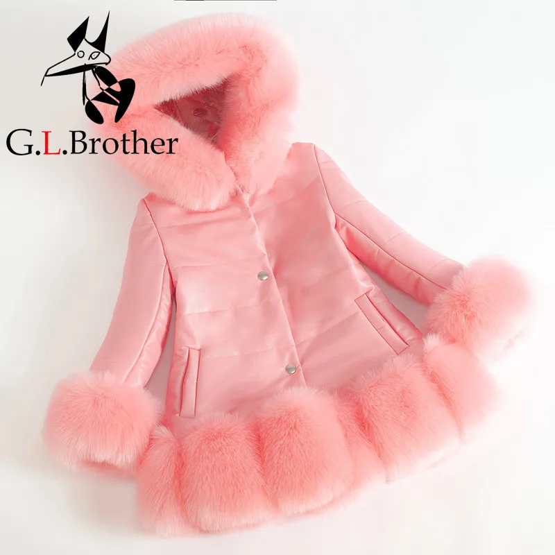 

Fashion Girls Winter Coat Faux Fur Cuff Thick Warm Cotton Children Clothing Kids Clothes Parkas Quality PU Leather Girls Jacket