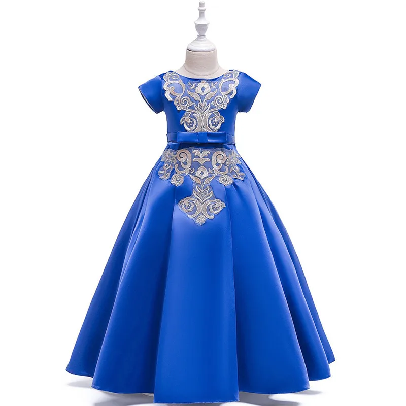 Летнее платье для девочек атласное кружевное детское Модное Длинное платье принцессы для больших мальчиков, фортепиано костюм От 4 до 14 лет элегантное платье - Цвет: blue