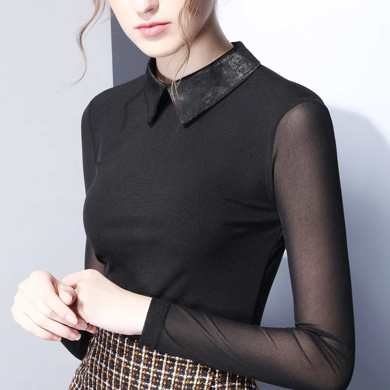 

2018 Spring Long Sleeve Peter Pan Collar Transparent Sleeve Mesh T-shirts Women Sexy Slim Body Black Mesh T-shirts Pullover Tops