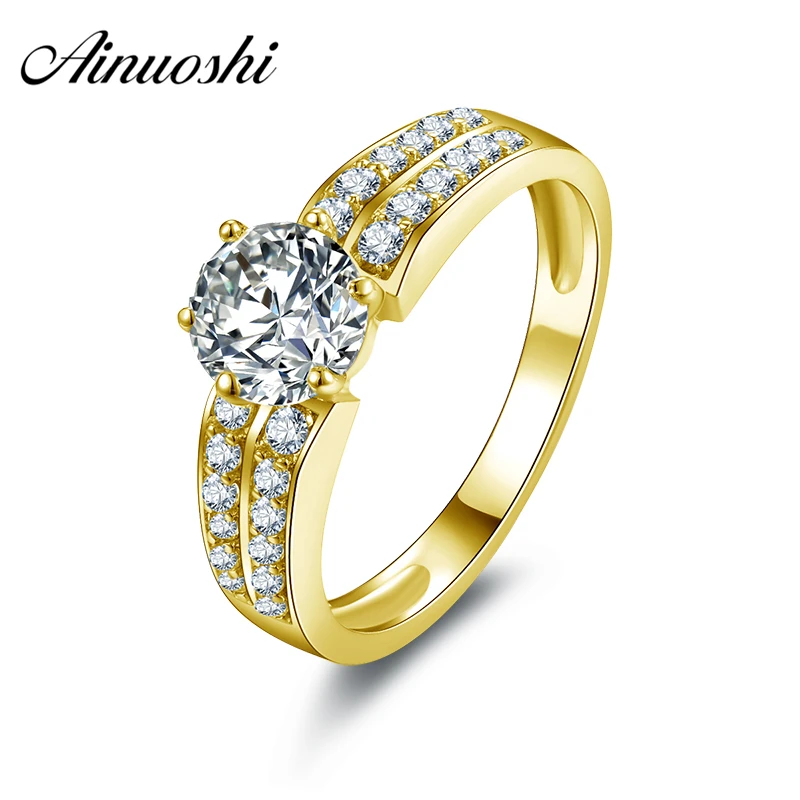 

AINUOSHI 10k Solid Yellow Gold Women Engagement Ring Anelli Donna Wedding Jewelry 0.8ct Round Cut 2 Row Drill Engagement Ring