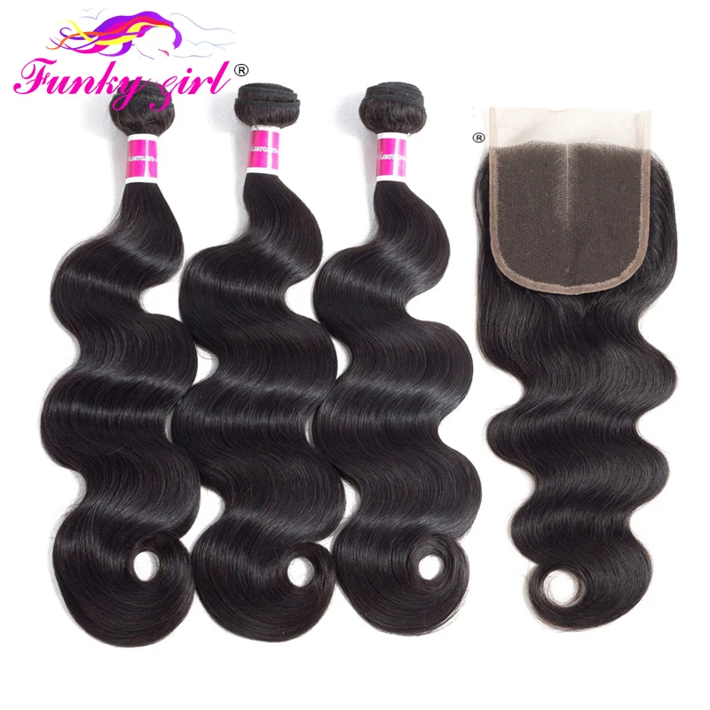 

Funky Girl Body Wave Hair Bundles with Closure 100% Non-Remy Human Hair 3 Bundles with 4*4 Closure Malaysia Hair Weave Bundles