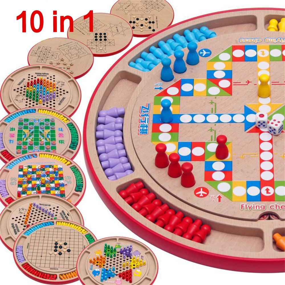 SPORTSHUB Wooden Chess Sets Game Flight Chess/Halma/Gomoku/Animal Chess/Snakes and Ladders/Fox and Geese 10 Or 5 In 1 Set EF0032